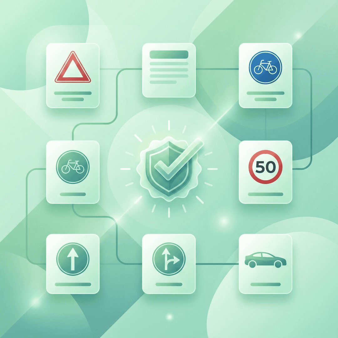 a modern, dynamic vector illustration of a learner sitting at a desk using a laptop, with floating simplified Dutch road signs, a car silhouette, and a bicycle lane icon around them.